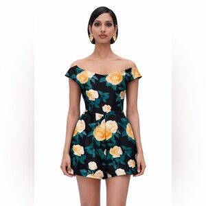 Andrea Iyamah Floral Off-Shoulder Romper • Black & Yellow Roses • Size S